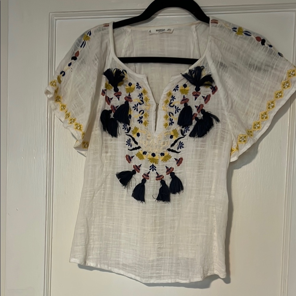 Mango White Embroidered Women's Top